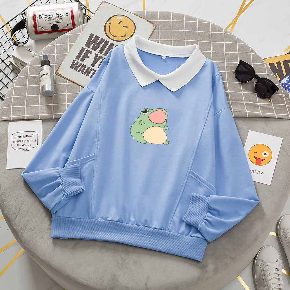 Żaba Szybka Grafika Estetyczna Odzież Oversize Harajuku Bawełniane Pulower Feminino Bluzy Z Kieszeniami Kawaii Kapturem Dla Dziewczyn 210816