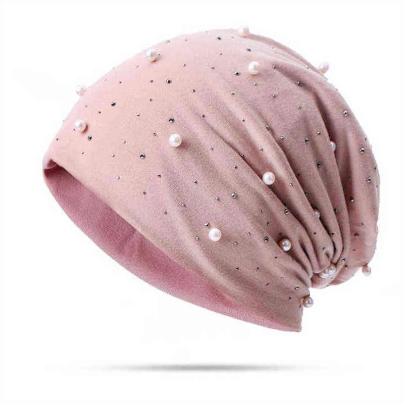 Zimowe Ciepłe Kobiety Kapelusz Pearl Beasles Baggy Skullies Kapelusze Paski Czapka Unisex Trzymać Elastyczne Czapki Hedging Caps Miękka Elastyczność Pure Color Y21111