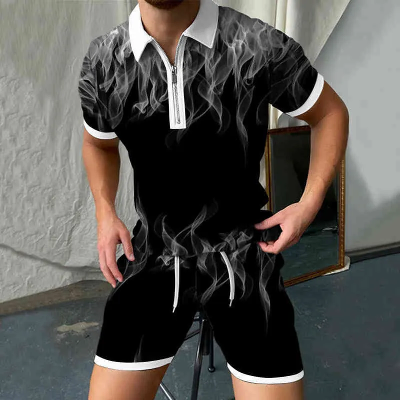 Мода молния мужские наборы летние мужские шорты 2022 цифровой печатный повседневная рубашка поло + короткий пробег дышащий спортивный набор G220224