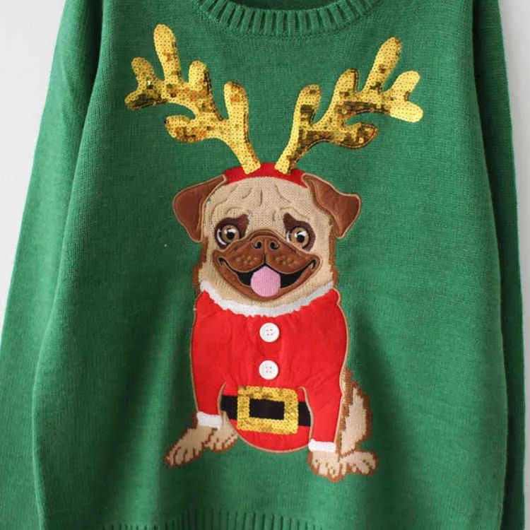 Ugly tröja jultröja kvinnor grön pug hund broderi sequins långärmad pullover stickade jumper toppar m99591 y1118