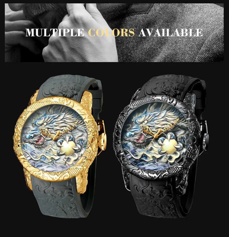 Moda BIDEN Mens Relógios Dragão Design Relógio de Quartzo Pulseira de Silicone À Prova D 'Água Esporte Relógio de Pulso Masculino Relogio masculino X0622404