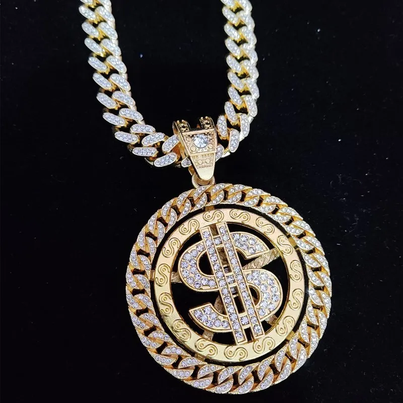 Mężczyźni Hip Hop lodowe bling obrotowy dolara wisiant Naszyjnik 1m szerokość łańcucha kubańskiego Hiphop Naszyjniki moda urok biżuterii 220222