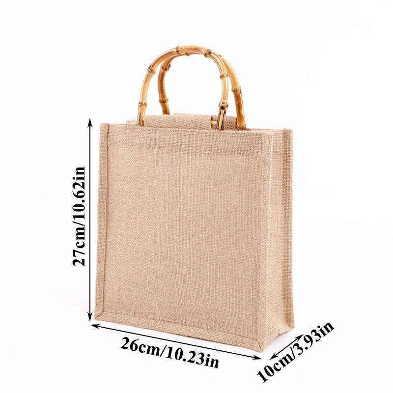 NXY Winkelen Tassen Vintege voor Vrouwen Multifunctionele Draagbare Jute Jute Handtas Bamboe Loop Handgrepen Tote Travel Lunchbox 220128
