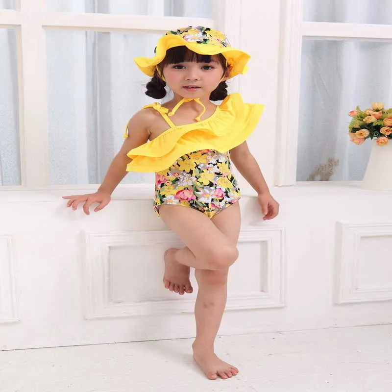 Summer Baby Girls Swimwear Lovely Yellow Floral Swimsuits+ Hat Children Fashion Swim Wear E06 210610