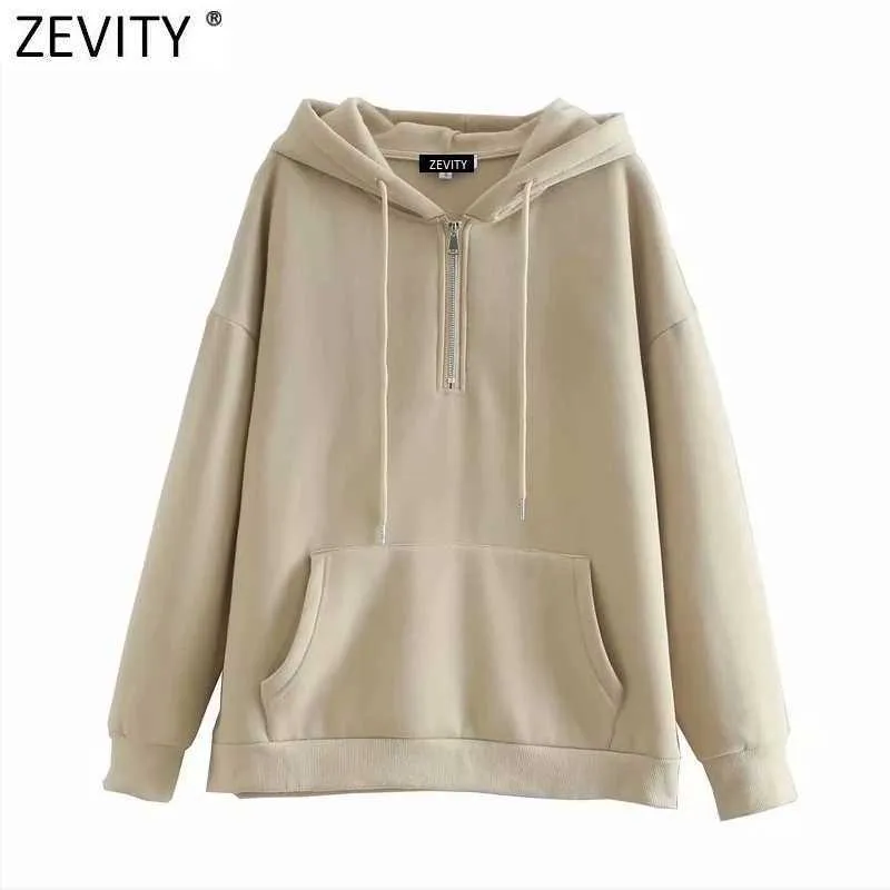 Zevity Femmes Mode Zipper Décoration Casual Lâche Polaire Sweats Femme Basique Poches Hoodies Chic Pulls Tops H522 210603