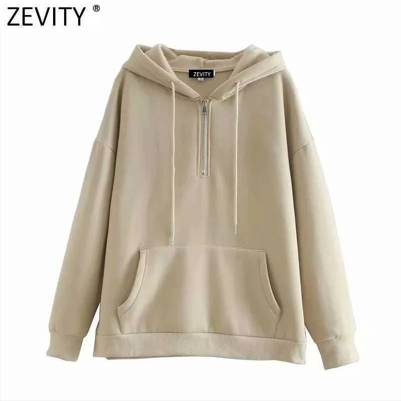 Zevity Women Fashion Zipper Decoration Casual Loose Fleece Sweatshirts Female Basic Pockets Hoodies Chic Pullovers Tops H522 210603