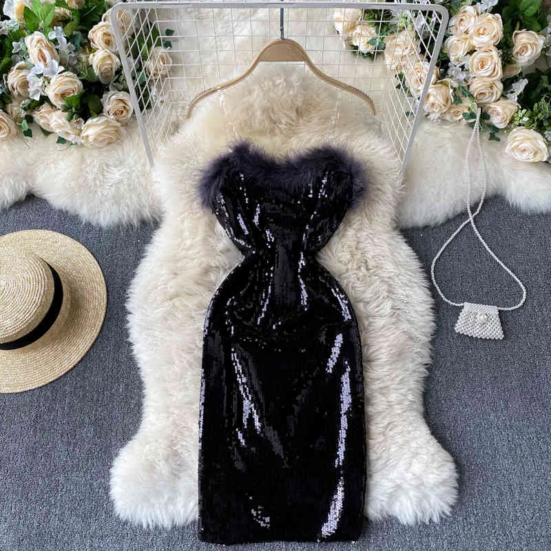 Automne hiver tempérament Vintage noir robe à paillettes femmes vêtements Sexy fourrure poitrine Wrap fête sac hanche soirée femme 210514