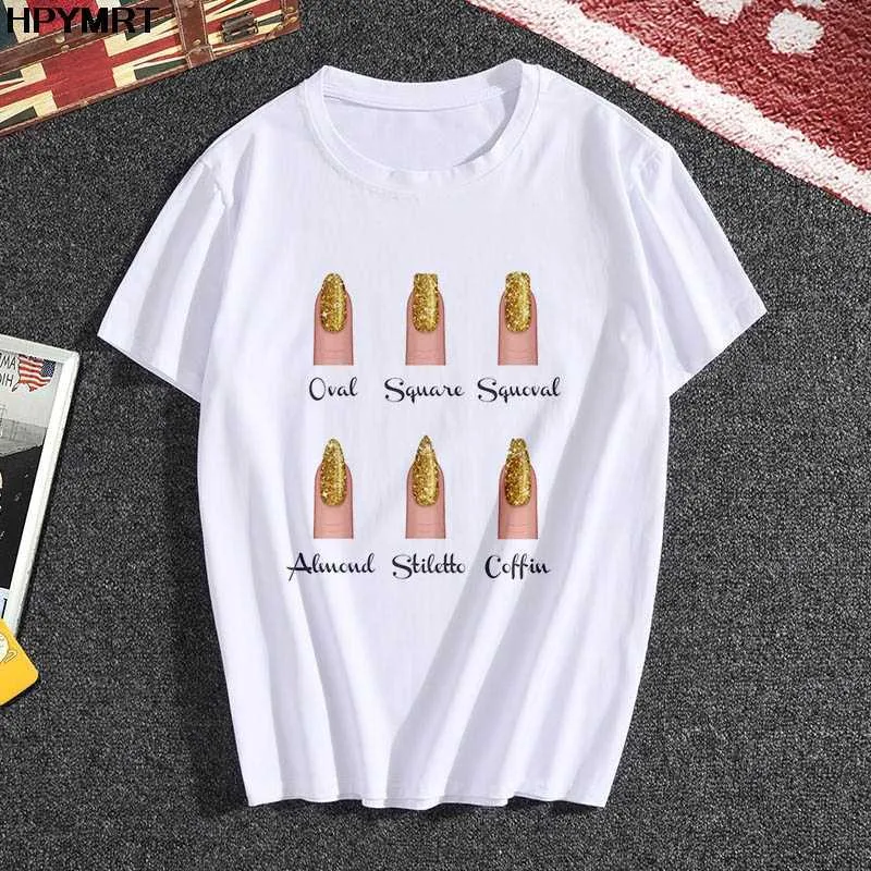 Nowa koszulka Damska Moda Osobowość Nail Art Print Fun Casual Lato Krótki Rękaw Harajuku Krótkie Damskie T-Shirt Kobiet Topy X0628