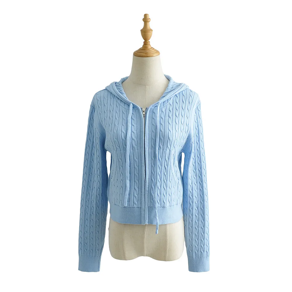 Jesień 90. Vintage Paski Twist Knitting Hooded Cardigan Cropped Kobiety Kieszenie Zipper Sweter Długi Rękaw Krótki Jumper 210429