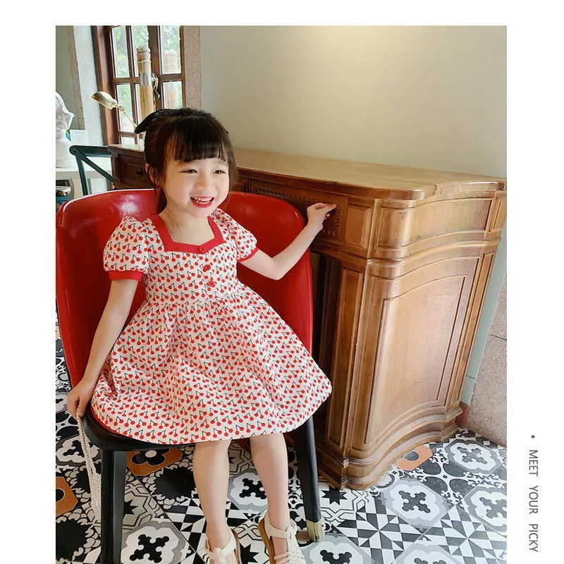 Summer Teenager Girls Dress Cartoon Cherry Square Collar Princess Dresses Cute Style Fashion Clothes E1016 210610