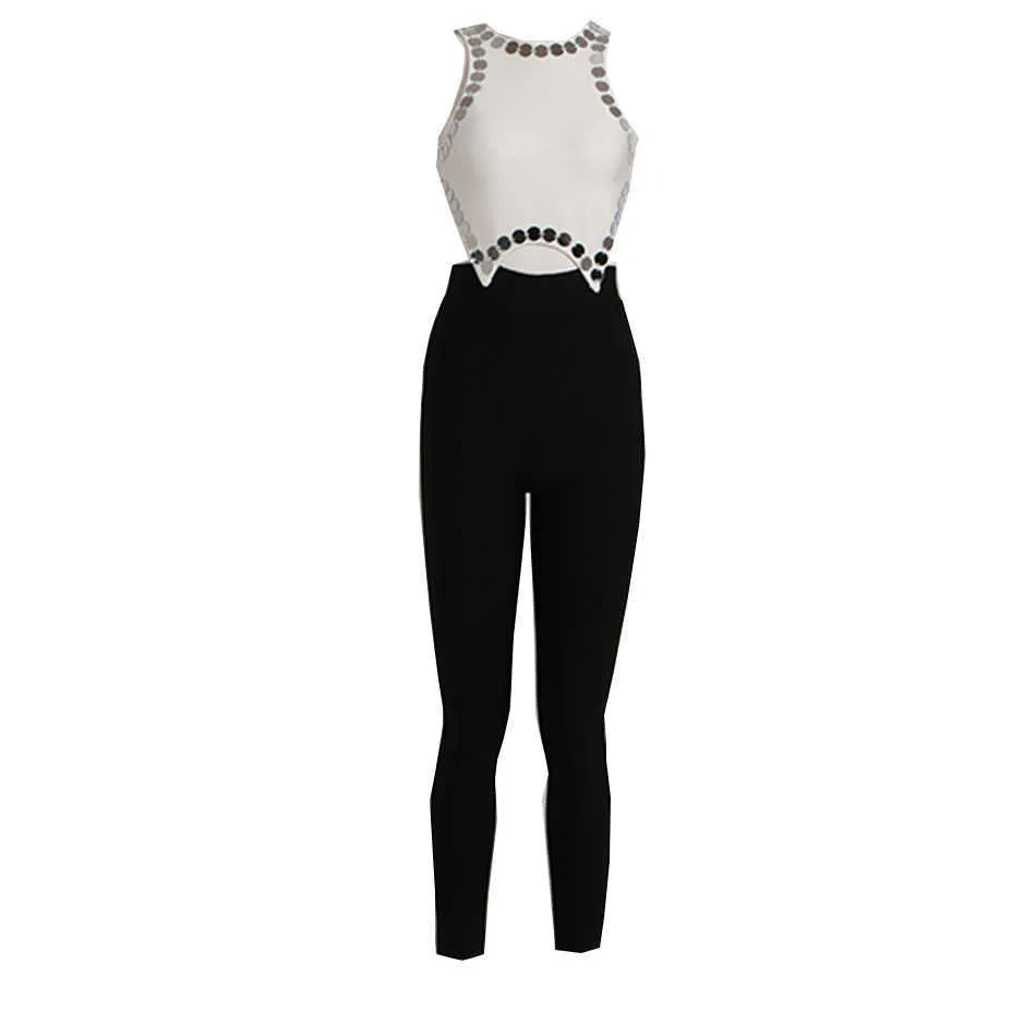 Nova-Moda-Sexy-Bodysuit-Preto-E-Branco-Lantejoulas-Costura-Oco-Backless-Corpo-Apertado-Bodycon-Club-Party