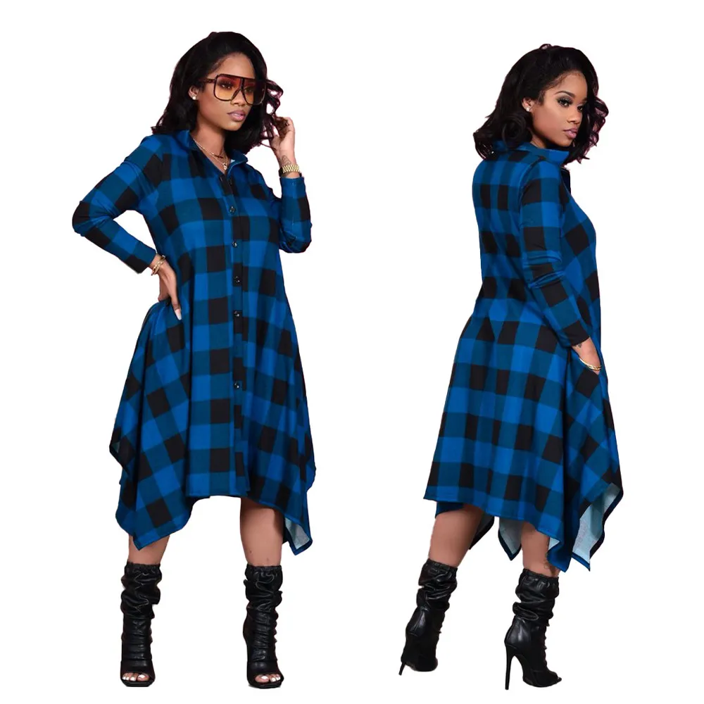 Vintage scottish xadrez camisa vestido mulheres outono de manga longa giro colarinho botão de cinto uma linha vestidos casuais vestido por atacado 210525