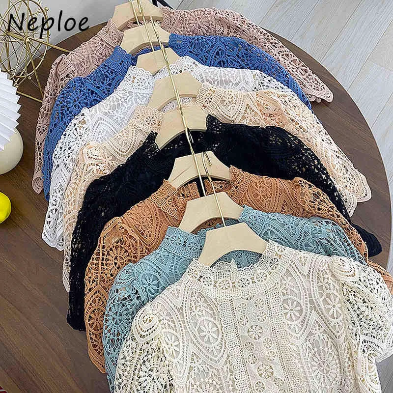 Neploe Elegant Lace Hollow Out Werk Stijl Ol Blouse Vrouwen O Hals Korte Mouw Trui Blusas Zomer Effen Shirt Femme 210510