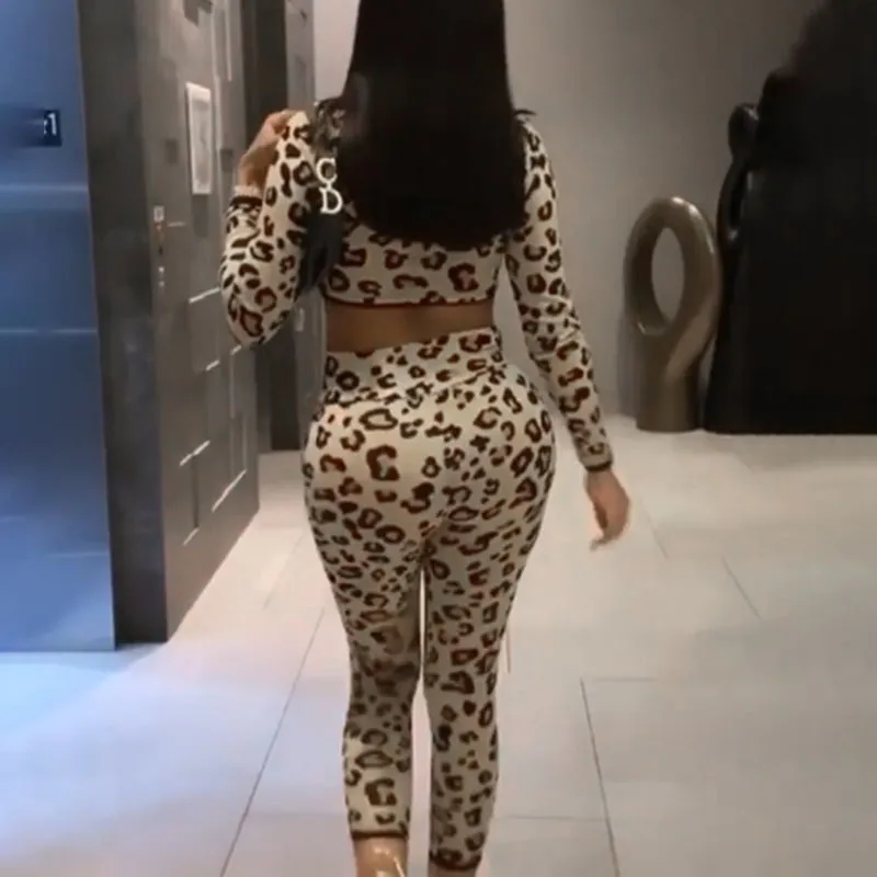 Fashion Sexy Leopard Print Tracksuit Two Piece Set Full Sleeve High Neck Crop Top And Sport Leggings Outfits Active Wear Autumn 210517