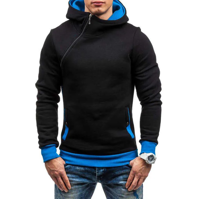 Hooded man multicolor pullover diagonal dragkedja hoodies höst vinter träning casual jackor hoody sweatshirts 3xl 210813