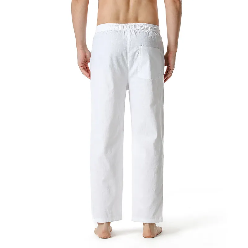 Biały Mężczyzna Bawełniana Pościel Spodnie Elastyczne Sznurek Talii Lounge Spodnie Mężczyźni Casual Lekka Joga Plaża Letnie Spodnie 6 Kolory 210522