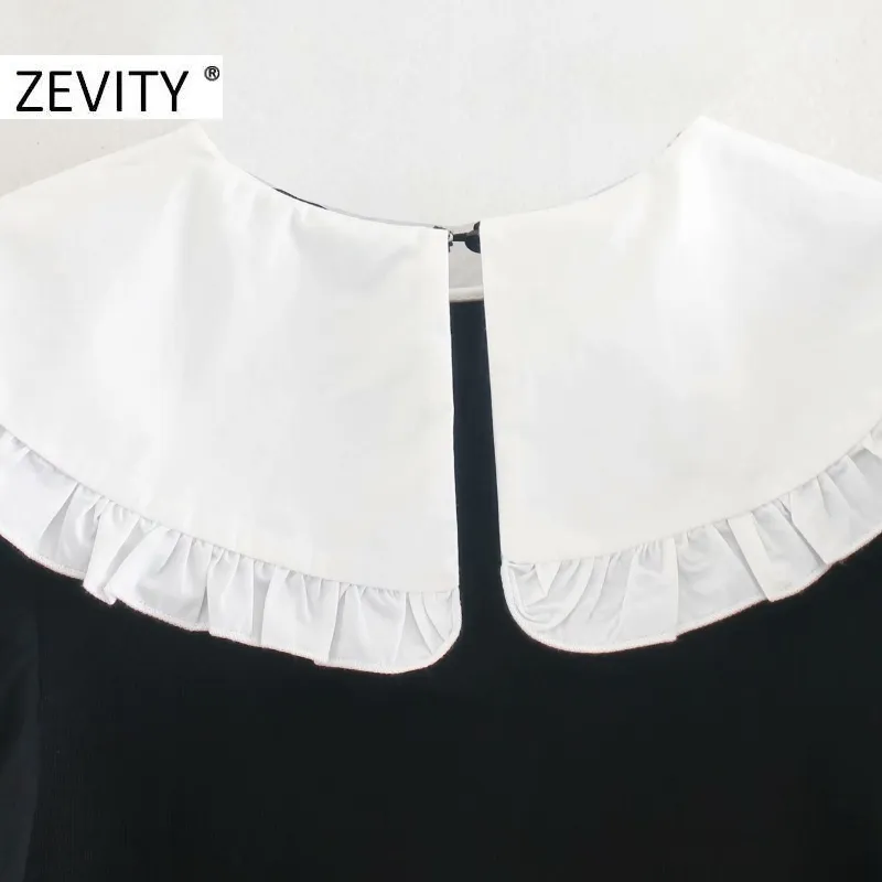 Zevity New Women Sweet Agaric Lace White Peter Pan Collar Patchwork Knitting Mini abito nero Donna manica corta Vestido DS4586 210325