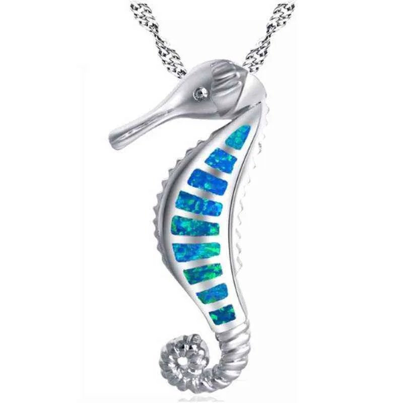 À la mode Couleur Argent Bleu Opales Collier Ras Du Cou Femmes Hippocampe Animal Chaîne Pendentif Colliers Boho Amour Bijoux Charms Bijoux G1206