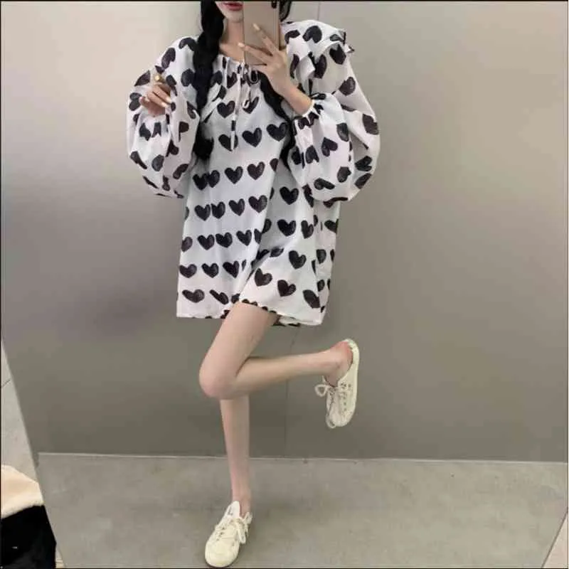 Ezgaga Korean Chic Heart Frauen Bluse Peter Pan Kragen Rüschen Schnüren loser Frühling langhärme weibliche Hemden Mode 210430