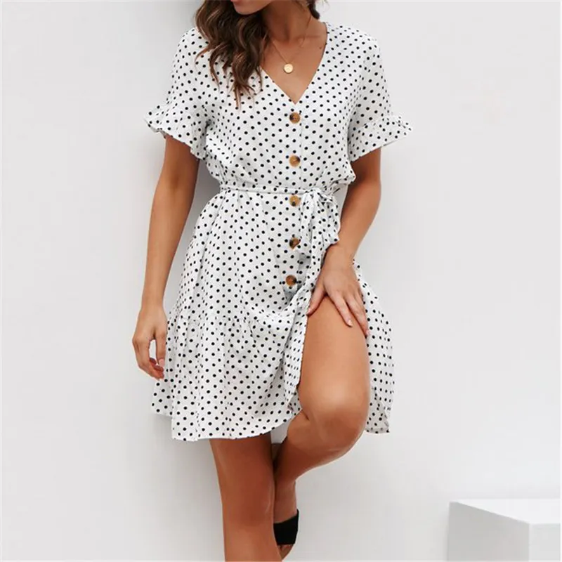 Chiffon Summer Dress Women Polka Dot Boho Beach Dress Vintage Short Sleeve Sexy Party Dresses Mini Sundress Plus Size 210322