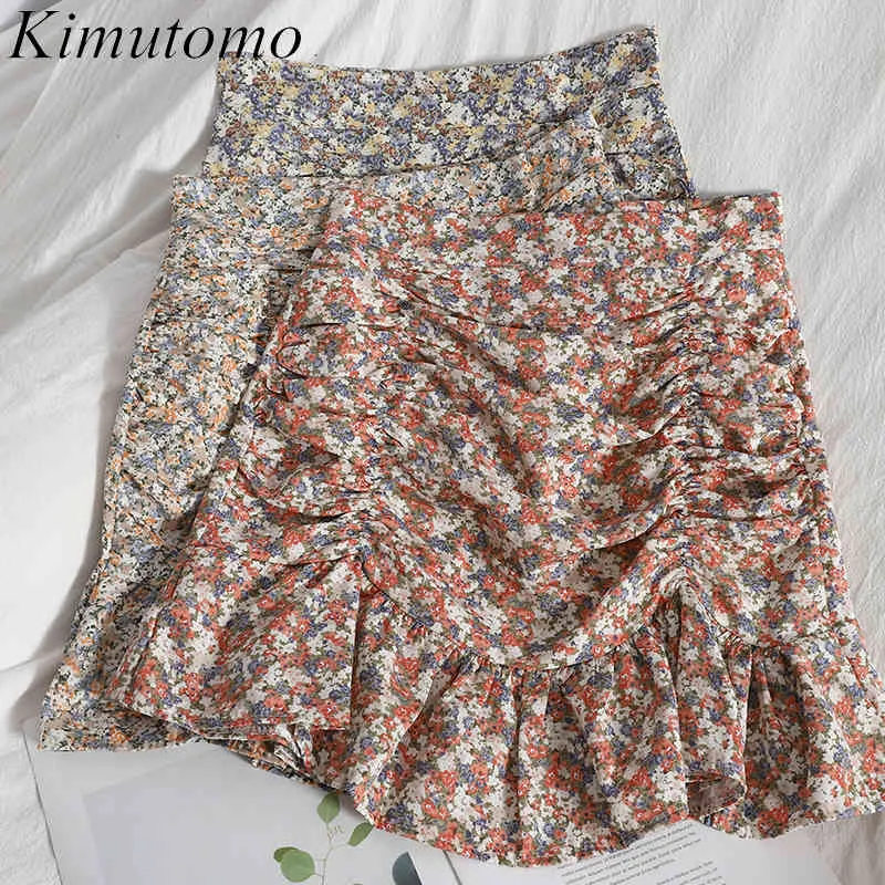Kimutomo Tatlı Kızlar Mini Etek Kadın Yaz Moda Kadın Kore Yüksek Belli Çiçek Baskı Ruffles Etek Zarif 210521