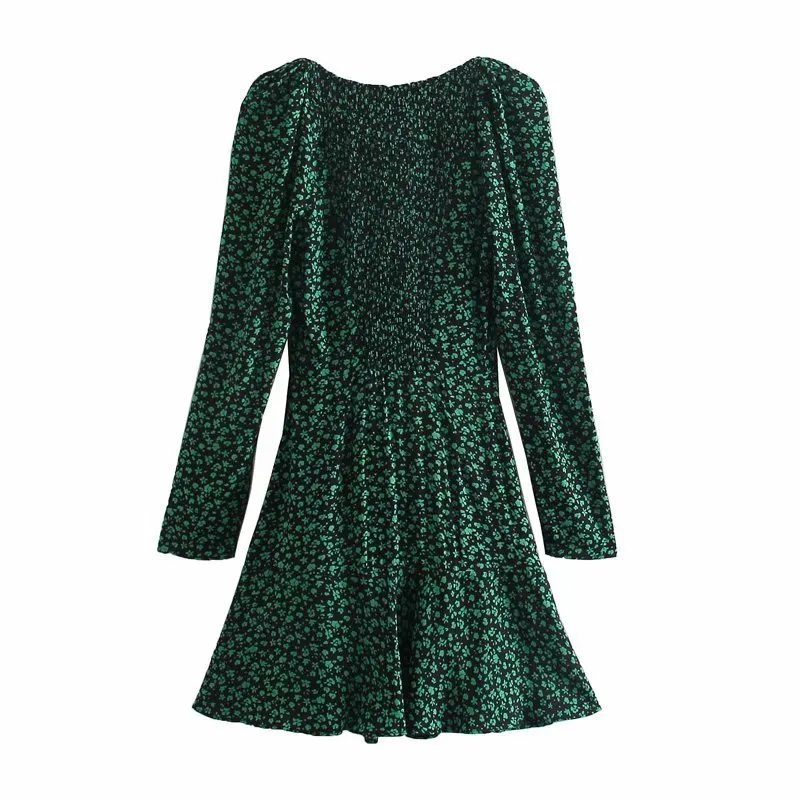 VUWWYV Green Floral Print Ruffle African Dress Women Elegant Evening Party Mini Woman Long Sleeve Elastic Short Vestido 210430