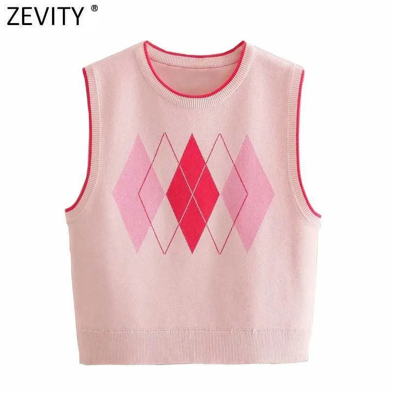 Zevity Women Vintage V Neck Geometric Patchwork Short Knitting Sweater Female Sleeveless Casual Vest Chic Waistcoat Tops SW699 210603