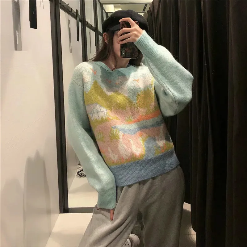 Jacquard Blue Woman Sweater Winter Cottagecore Cute Long Sleeve Knitted Female Pullover Women Warm Tunic 210519