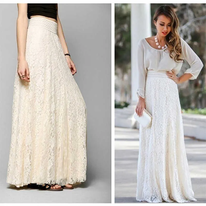 Mode blanc argent taille haute fête porter Maxi femme jupes plissées Style femmes dames longue jupe d'été 210721