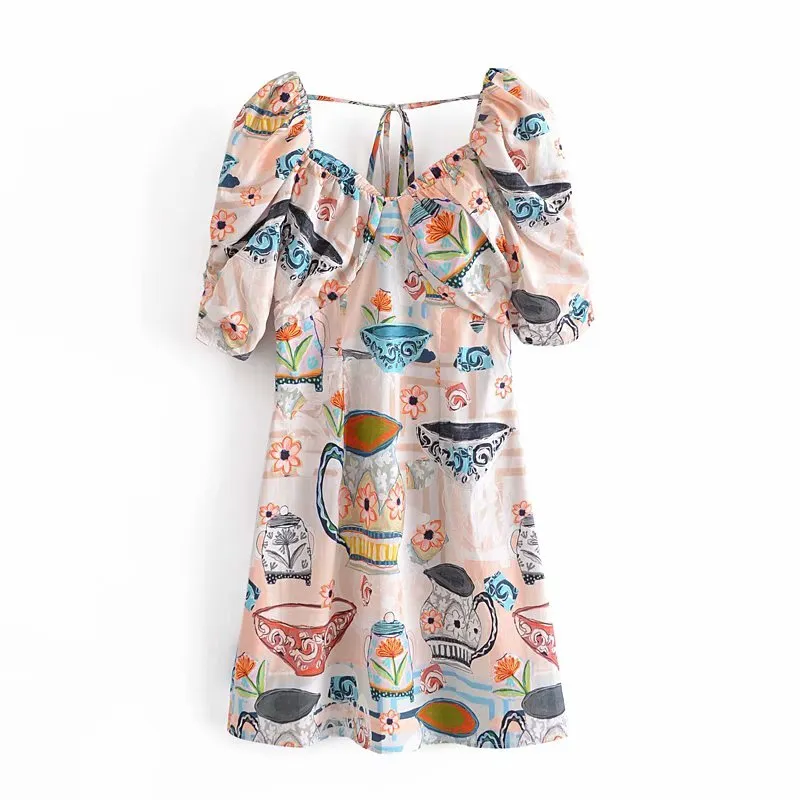Fashion Summer U-Neck Treasure Print Bodycon Mini Dress Elegante Backless Puff Sleeve Vita alta Chic Abiti femminili 210521