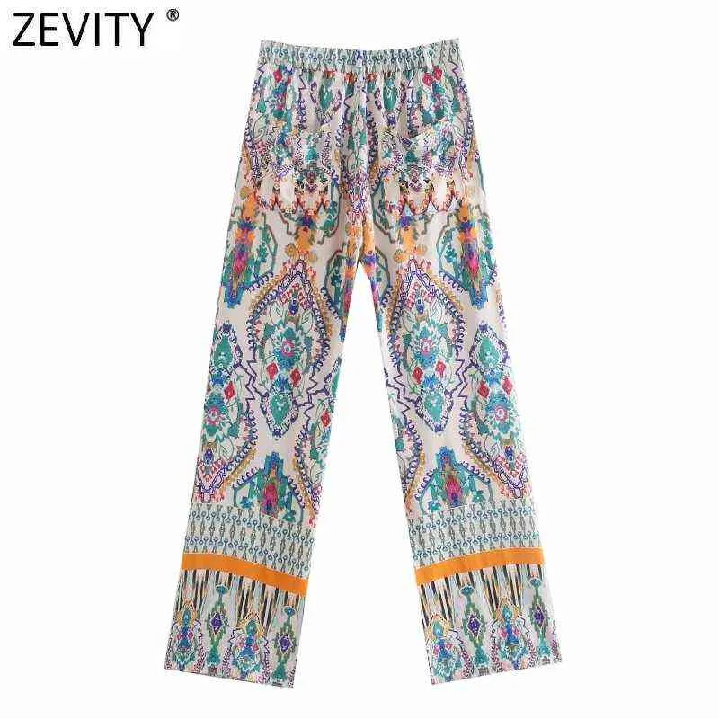 Zevity Frauen Vintage Position Patchwork Totem Blumendruck Slim Flare Hosen Retro Weibliche Chic Zipper Fly Lange Hosen P1181 211124