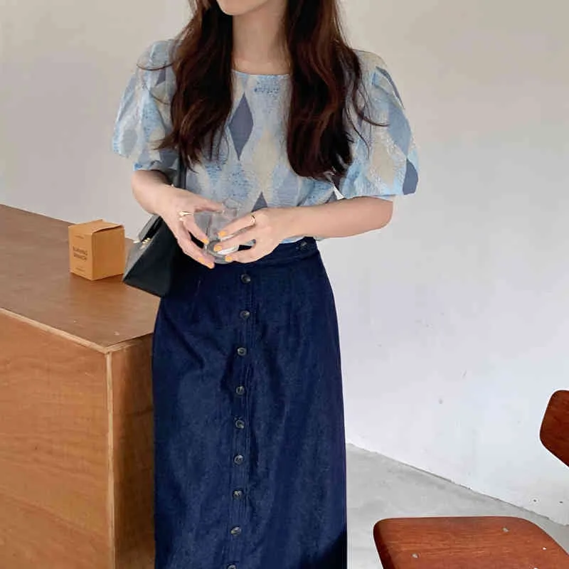 Loose Blue Casual Geometric Puff Sleeves Summer Pullovers Gentle Lady Femme Tops Sweet Clothe Blouses 210525