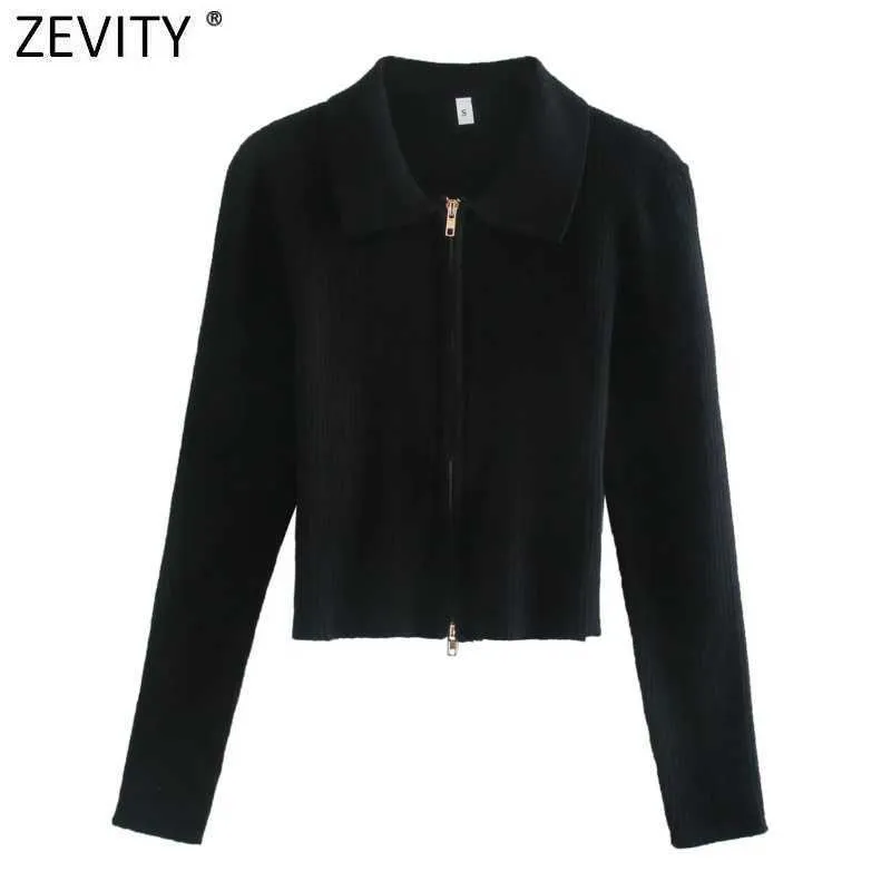 ZEVITY 여성 패션 솔리드 턴 다운 칼라 더블 슬라이더 지퍼 뜨개질 스웨터 FEMME 긴 소매 세련 된 카디건 코트 탑 S486 210603