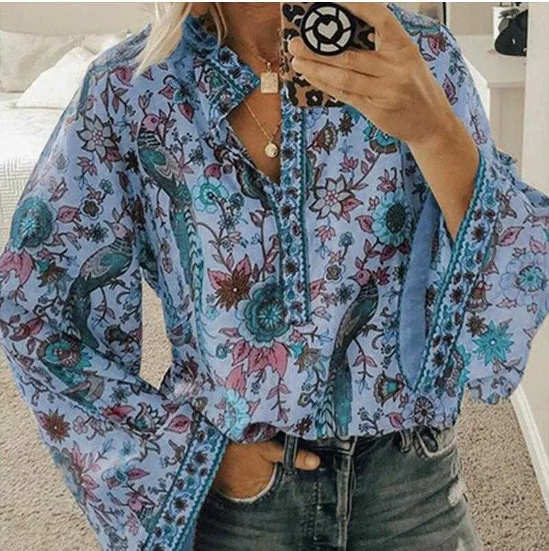 Boho Blouse Floral Print Footern Рубашка рукава Сексуальная шнуровка кисточка o шеи женские топы весна лето шикарные блузки 5xL 210721