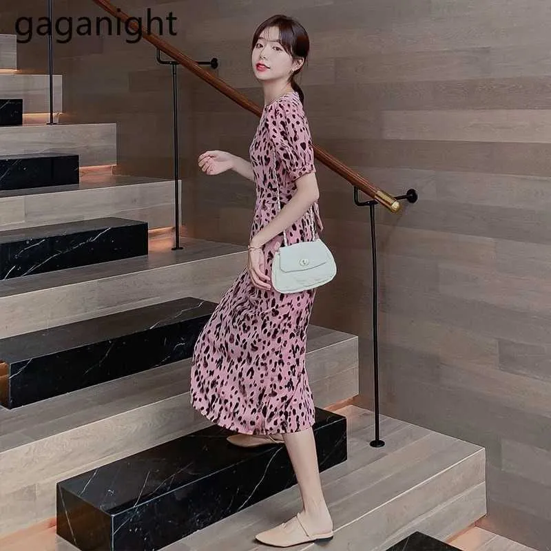 Maxi abito da donna leopardato rosa manica corta o collo abiti estivi moda aderente abito vintage slim vestidos 210601