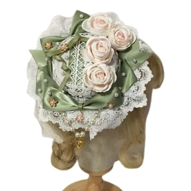 Sombreros tacónicos lolita lolita dulce mini tapa sombrero perla cinta de cuentas bowknot fascinadores de flores de rosa anime cabello ac185r