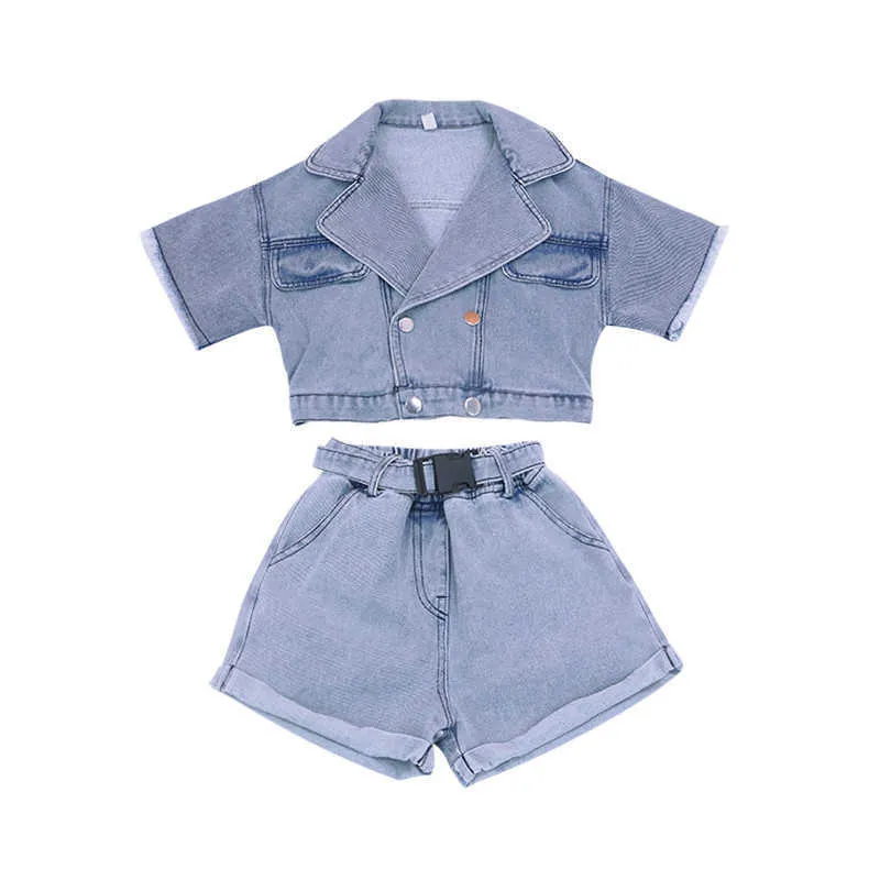 Barn baby flickor sommar mode kläd toppar kappa kort ärm denim jacka bälteshorts byxor småbarn barn kostymer uppsättningar 2 st