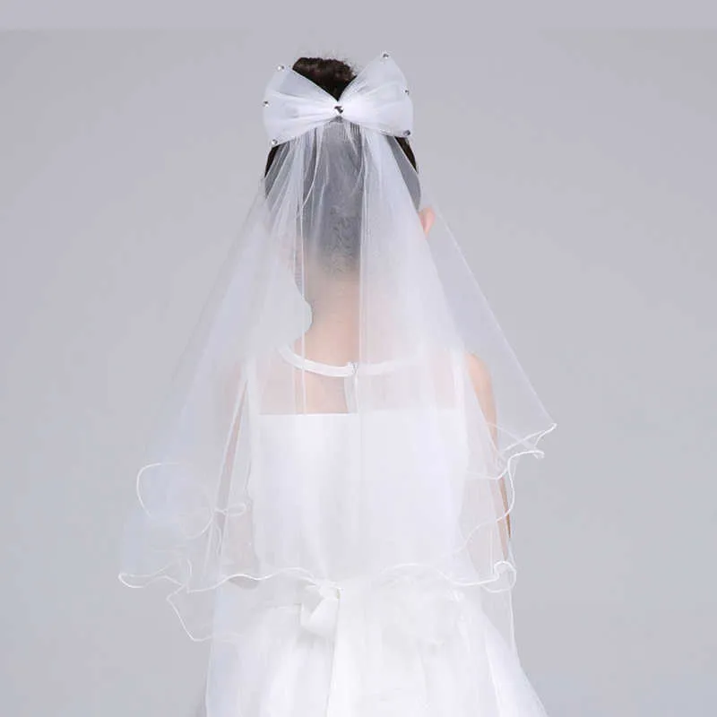 2019 Nowa biała Ivory Dzieci Girls First Communion Weils Tulle Bowknot Z Grzebień Ślub Kwiat Girl Veil Mariage File X0726