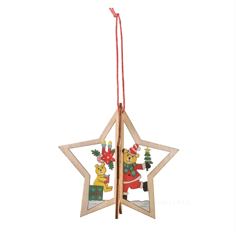 Ciondolo albero di Natale Legno Hollow Fiocco di neve Pupazzo di neve Campana Decorazioni appese Colorful Home Festival Ornamenti natalizi appesi T2I52561