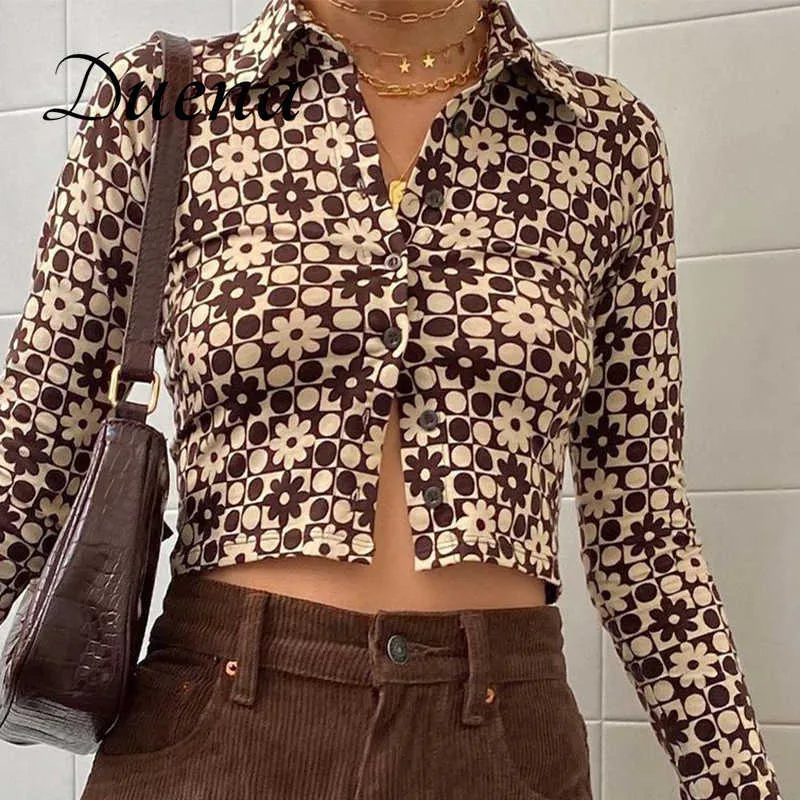 Duena Långärmad Brown Top Y2K Vintage Aestetics Flower Print StreetWear Button Up Crop Top Collar T Shirt Kvinnor 2021 Y0621