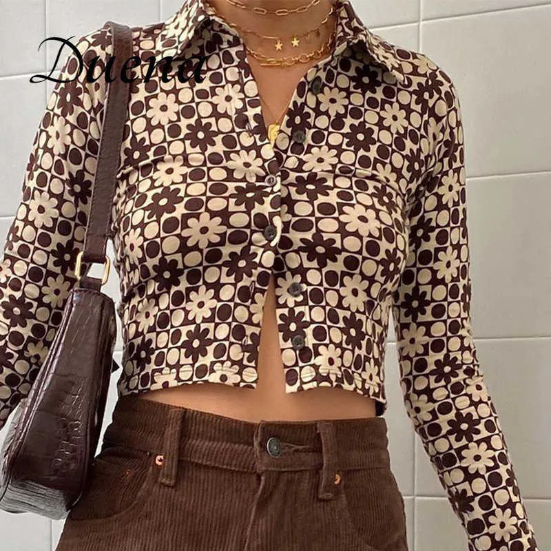 DUENA Uzun Kollu Kahverengi Üst Y2K Vintage Estetiği Çiçek Baskı Streetwear Düğme Yukarı Kırpma Üst Yaka T Gömlek Kadın 2021 Y0621