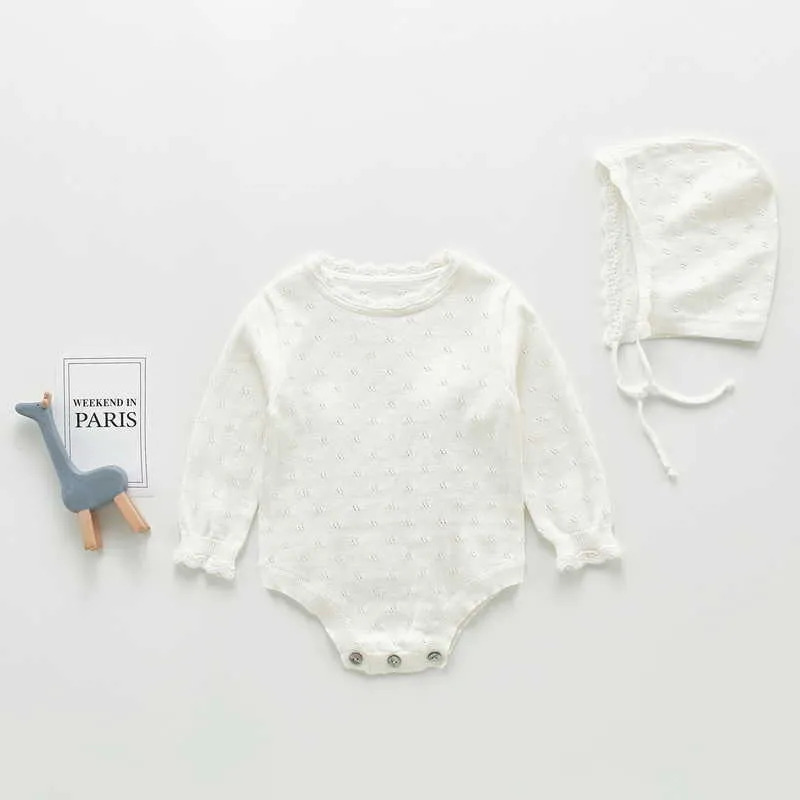 Våren baby flicka bodysuit stickning långa ärmar jumpsuit med lock född söt stil barn kläder e18 210610