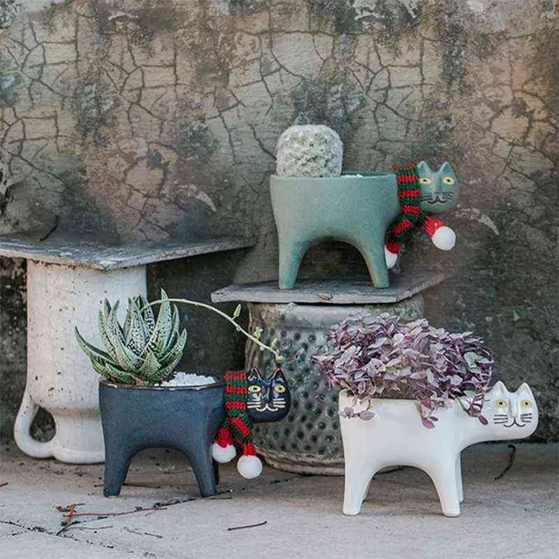 Dessin animé chat plante en céramique plantation pot de fleur avec drainage bureau décoration succulentes pots cactus planteur perméable type maison 211130