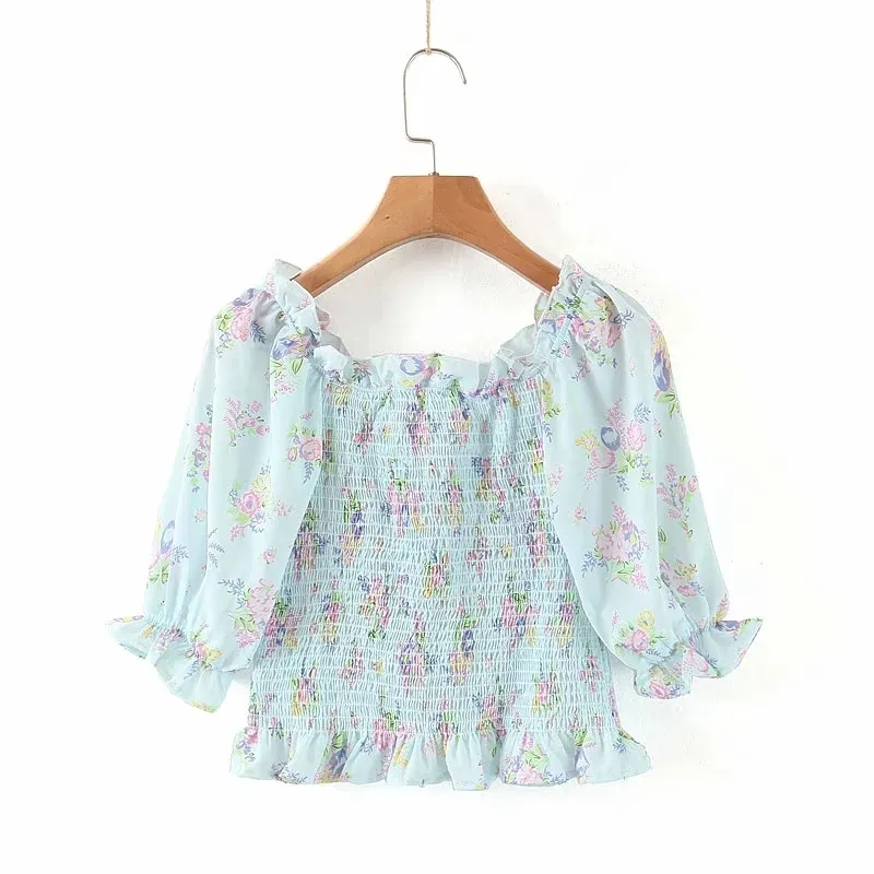 Blouse d'été florale à l'épaule Crop Tops Femmes Boho Lace Up Chemise bleue à volants Sheer Beach Blusa Feminias 210427