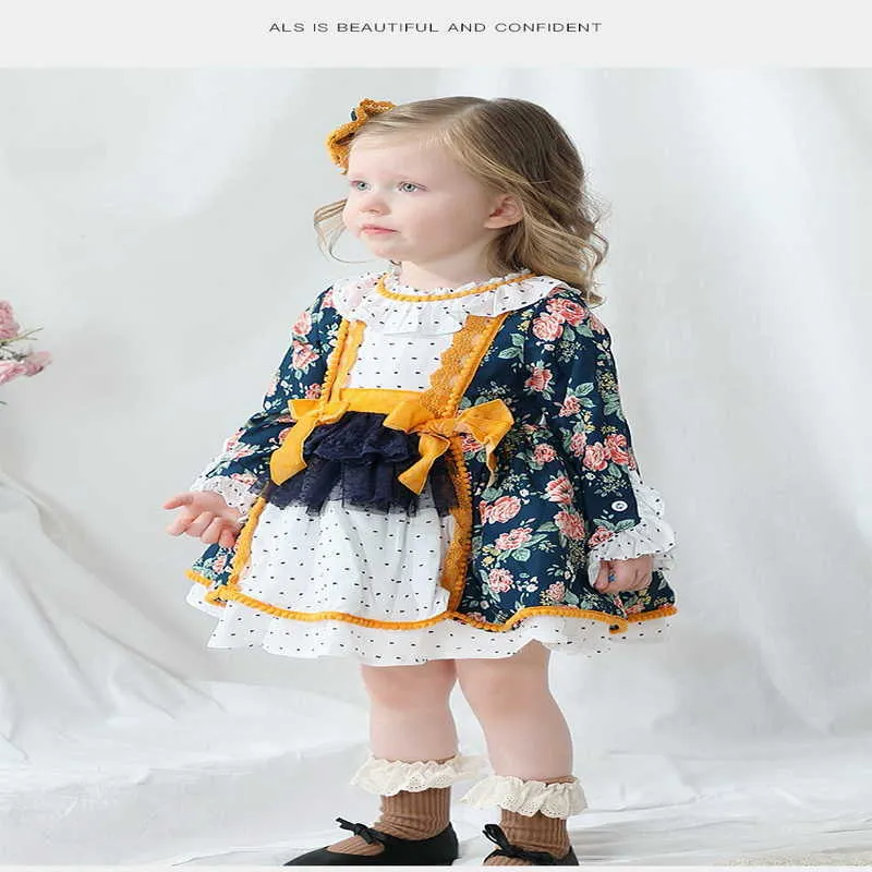 Lente Lolita Style Kids Meisjes Jurk Floral Bow Patchwork met sjerpen Kinderen Leuke kleding E065 210610