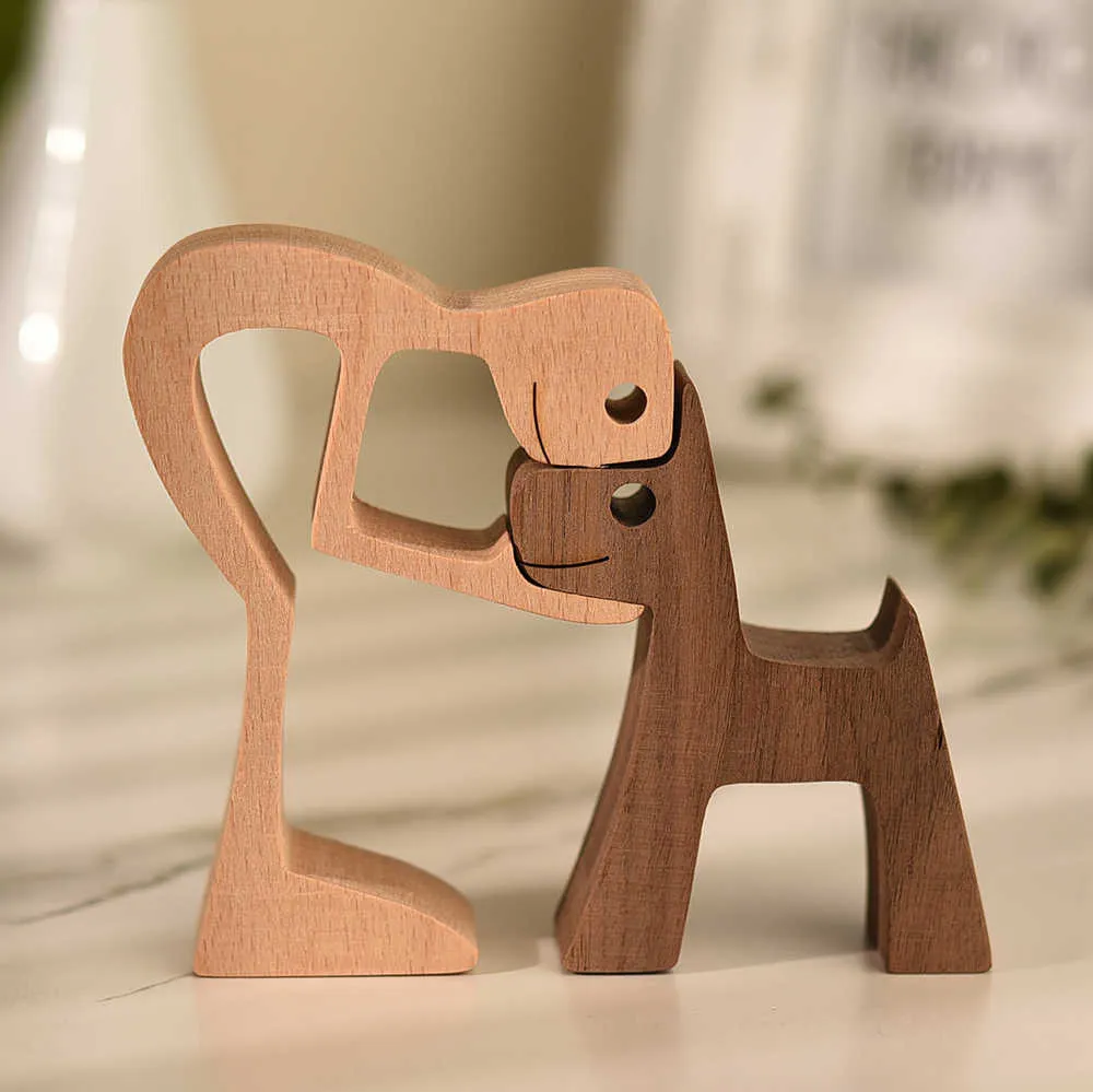 Houten kat beeldjes hond kunst ambachtelijke kleine snijwerk samll dierlijke ornament vrouw man en puppy kantoor decoratie paar geschenk 210804