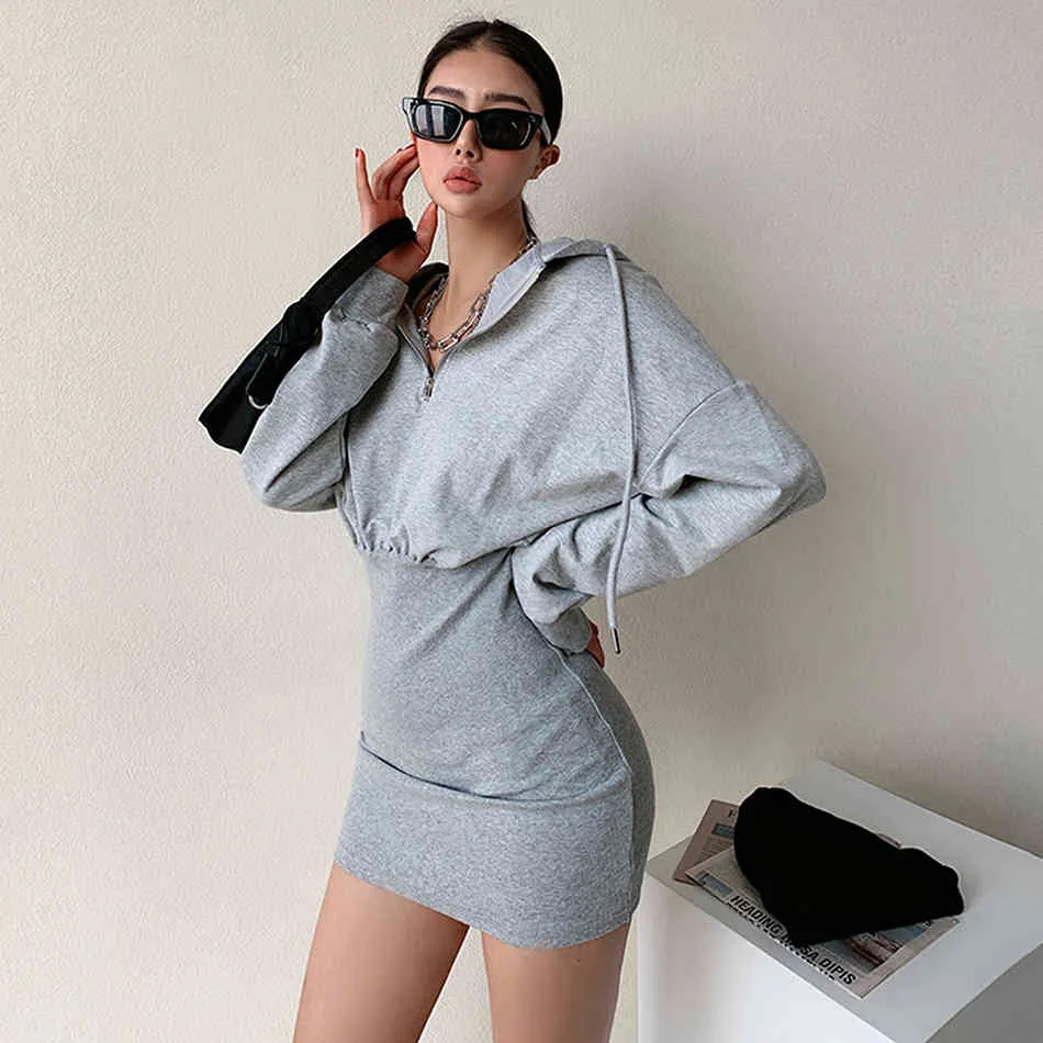 Gratis Kvinnors Casual Hooded Dress Design Zip Long Sleeve Club Party Mini Vestidos 210524