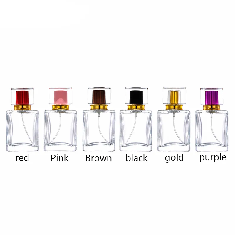 Tapa multicolor Nbyaic de 50 ml, botella de vidrio cuadrada transparente, botella de spray con perfume, botella vacía de 50 piezas.