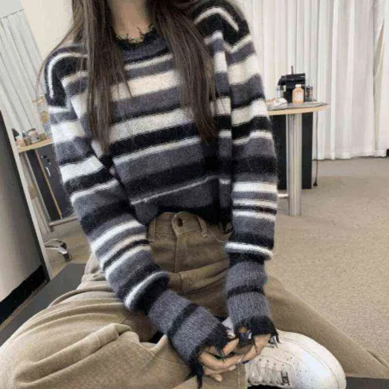 Gestreifte Pullover Frauen Design Retro Oansatz Koreanischen Stil Pelz-gefüttert Lose Sexy Frau Pullover Alle-spiel Outwear Chic tops Freizeit Y1110