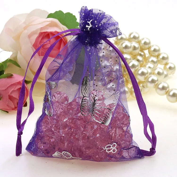 Papillon violet bronzant Organza bijoux sacs approvisionnement sac cadeau couleur Pure Organza sacs 9x12 cm en gros